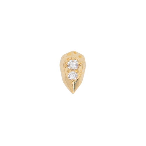 Yellow gold  teardrop shaped push pin earring with two prong set round white diamonds. 