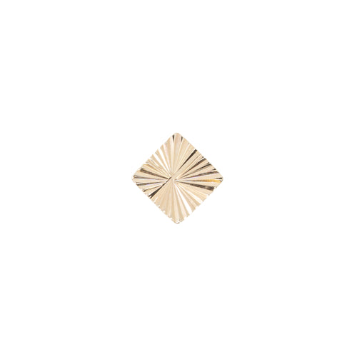 Yellow gold push pin earring of a flat small square with etched lines pointing toward the center.