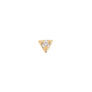 Yellow gold push pin earring with one round white diamond set in a small gold triangle with three prongs.