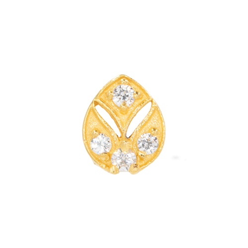 Yellow gold push pin earring with two cut out accents and four round CZ accents. 