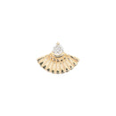 Yellow gold push pin earring with a round white diamond at the top and fan of yellow gold beads and flat bars on the bottom.