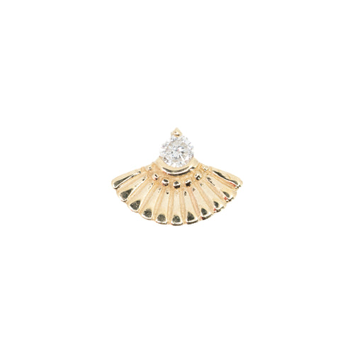 Yellow gold push pin earring with a round white diamond at the top and fan of yellow gold beads and flat bars on the bottom.