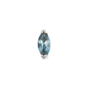 White gold push pin earring with a marquise cut blue sapphire set in chevron prongs.