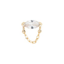 Yellow gold push pin earring with a white sapphire marquis set horizontally with two chevron prongs. A delicate chain connects below the chevrons.