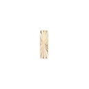 Yellow gold push pin earring of a flat small rectangle with etched lines pointing toward the center.