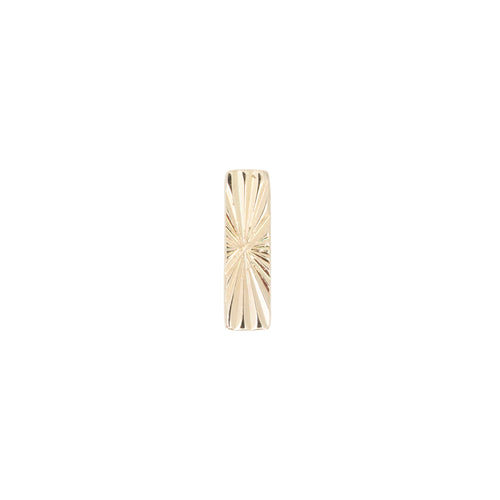 Yellow gold push pin earring of a flat small rectangle with etched lines pointing toward the center.