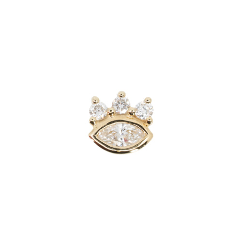 Yellow gold push pin earring with a bezel set white marquise diamond with three prong set round diamond accents at the top.