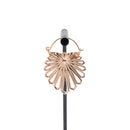 A rose gold plated hoop earring with a floral design that uses kite shapes to create the petals.