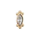 Yellow gold push pin earring with a bezel set white marquise cut diamond and three bead accents at each point.