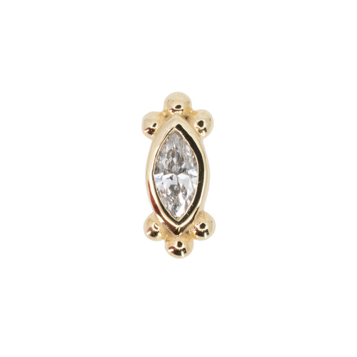 Yellow gold push pin earring with a bezel set white marquise cut diamond and three bead accents at each point.