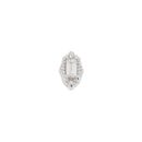 White gold push pin earring with a white diamond baguette in a prong setting on an oval with beaded accents.