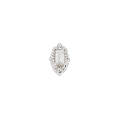White gold push pin earring with a white diamond baguette in a prong setting on an oval with beaded accents.