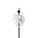 A single silver plated hoop earring with a floral design that uses kite shapes to create the petals.