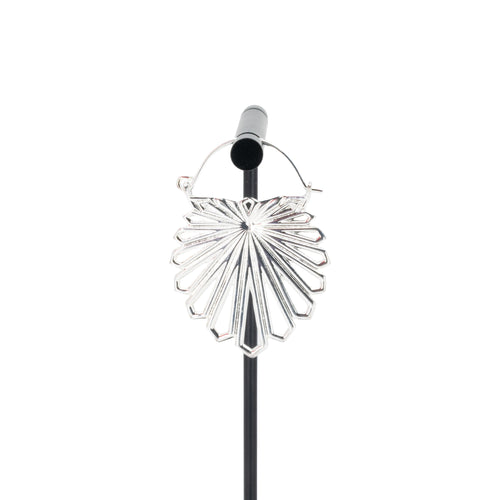 A single silver plated hoop earring with a floral design that uses kite shapes to create the petals.