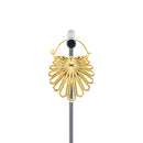 A single yellow gold plated hoop earring with a floral design that uses kite shapes to create the petals.