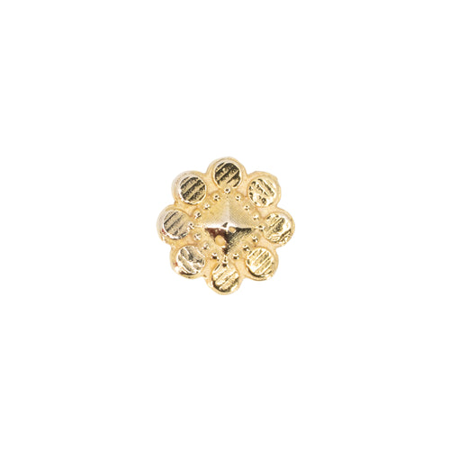 Yellow gold push pin earring in a floral design with textured disk petals, and a pyramid center with bead accents.