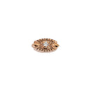 A round diamond stud push pin earring in a prong setting on a rose gold oval with laser etched accents pointing toward the center. 