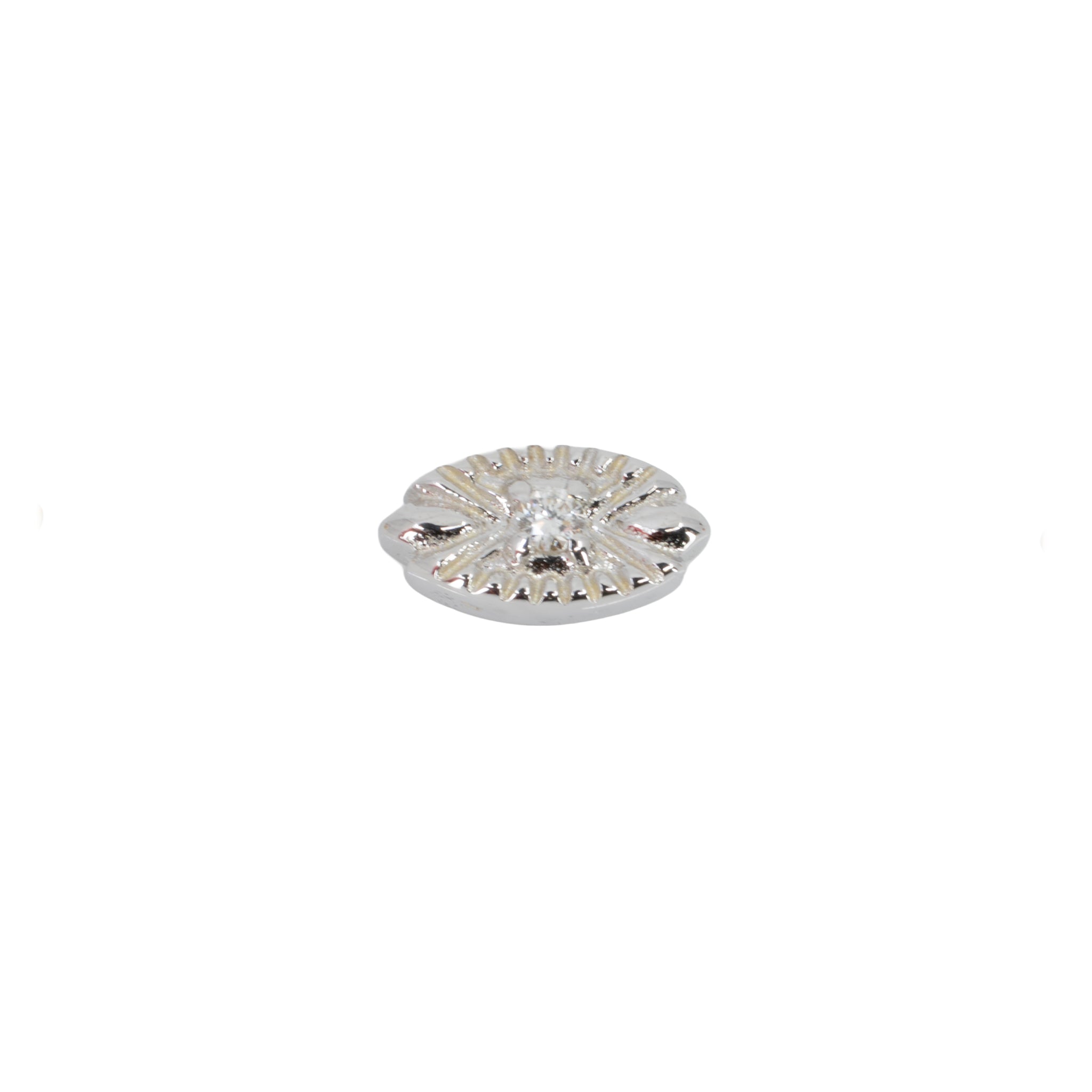 A round diamond stud push pin earring in a prong setting on a white gold oval with laser etched accents pointing toward the center. 