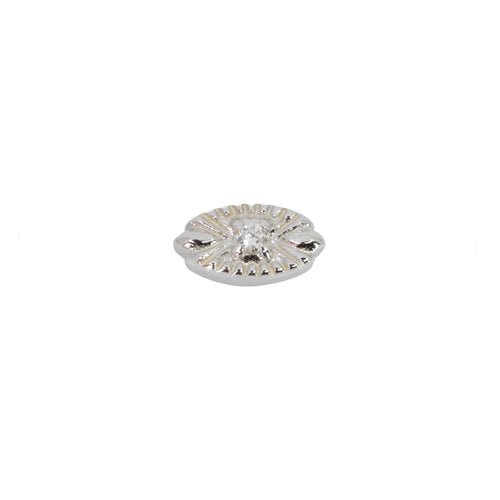 A round diamond stud push pin earring in a prong setting on a white gold oval with laser etched accents pointing toward the center. 