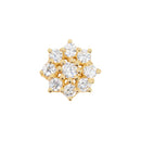 Yellow gold push pin earring with white round CZ gems in prong settings. There are eight CZ petals and a CZ center forming a flower.