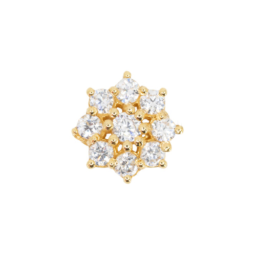Yellow gold push pin earring with white round CZ gems in prong settings. There are eight CZ petals and a CZ center forming a flower.