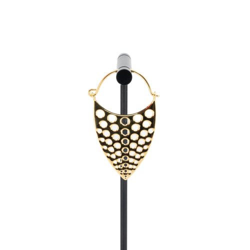 A single yellow gold plated hoop earring with a teardrop design that has hole cutouts.