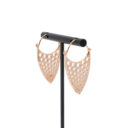 A pair of rose gold plated hoop earrings with a teardrop design that has hole cutouts.