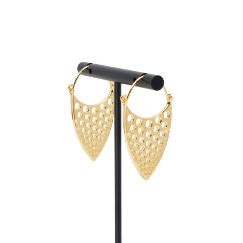A pair of yellow gold plated hoop earrings with a teardrop design that has hole cutouts.