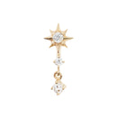 Yellow gold push pin earring with an eight point star at the top that has a prong set round white diamond in the center. There are two prong set round white diamonds that hang in a line from the bottom of the star.