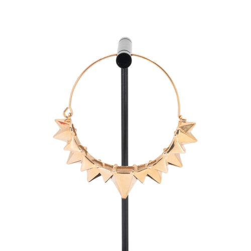 A single rose gold plated hoop earring with the decorative portion created by varying sizes of solid triangles.