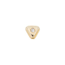 Yellow gold push pin earring in a triangle shape with bezel stepped edges and a bezel set round white diamond in the center.