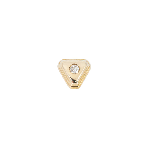 Yellow gold push pin earring in a triangle shape with bezel stepped edges and a bezel set round white diamond in the center.