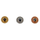 Three push pin earrings each a circular design with scalloped edges and a reverse set black diamond bezel center. One yellow gold, one white gold, and one rose gold.
