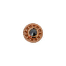 Rose gold push pin earring in a circular design with scalloped edges and a reverse set black diamond bezel center. 