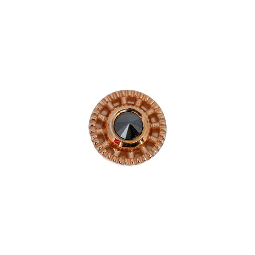 Rose gold push pin earring in a circular design with scalloped edges and a reverse set black diamond bezel center. 