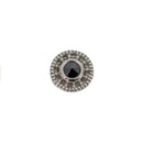 White gold push pin earring in a circular design with scalloped edges and a reverse set black diamond bezel center. 