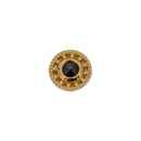 Yellow gold push pin earring in a circular design with scalloped edges and a reverse set black diamond bezel center. 
