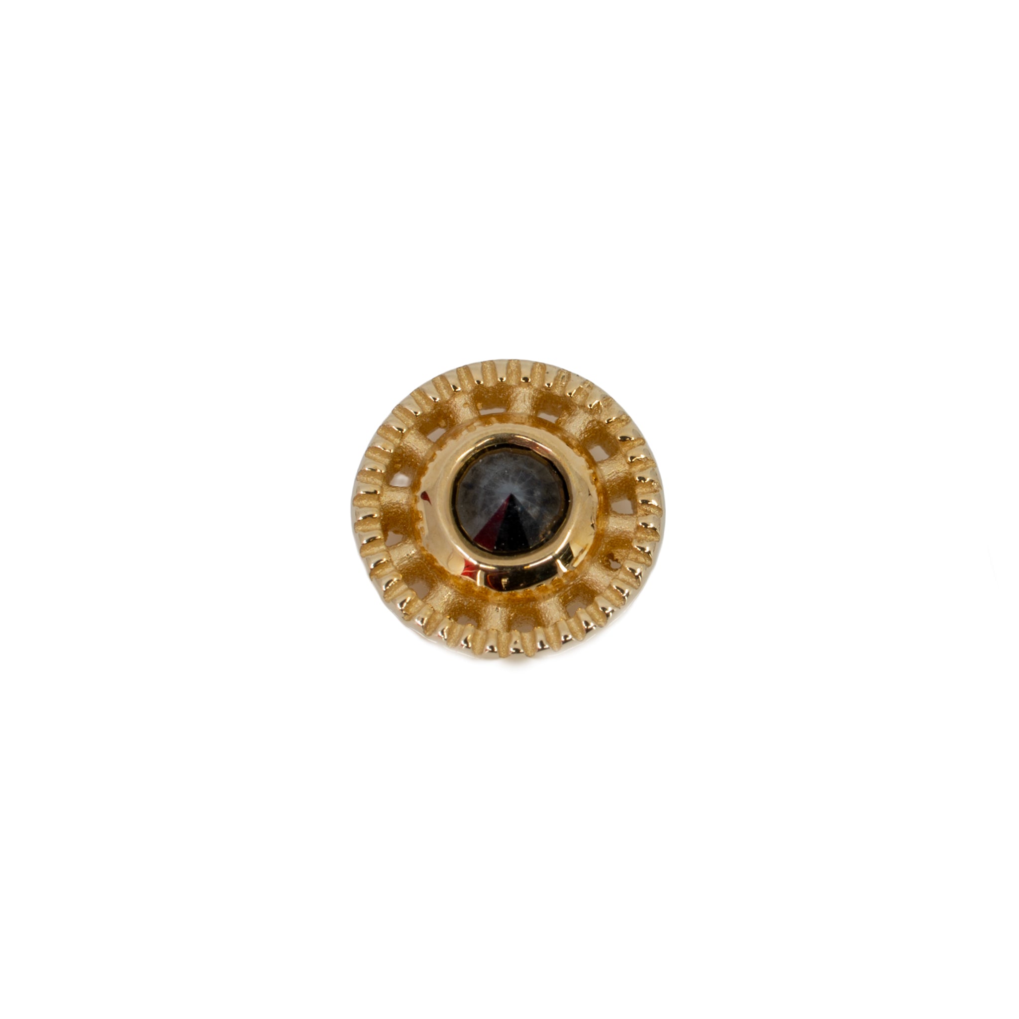 Yellow gold push pin earring in a circular design with scalloped edges and a reverse set black diamond bezel center. 