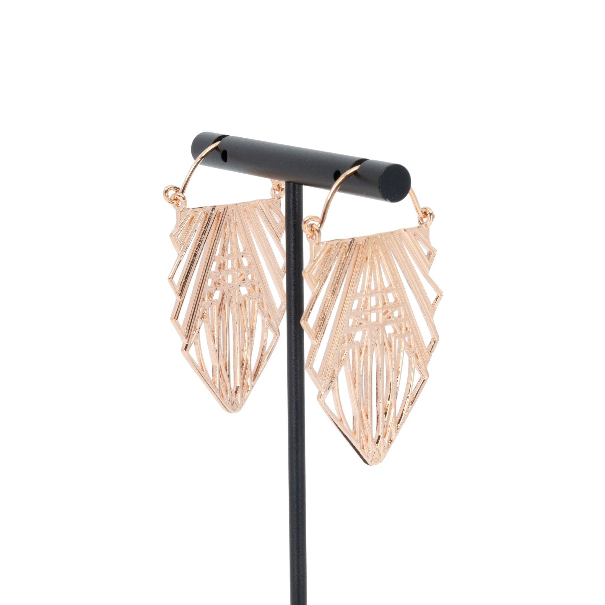 A pair of rose gold plated hoop earrings in a geometric design created with straight lines and rectangles.