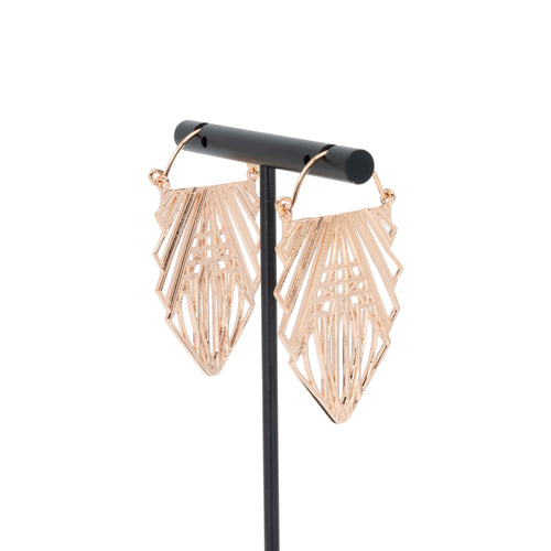 A pair of rose gold plated hoop earrings in a geometric design created with straight lines and rectangles.