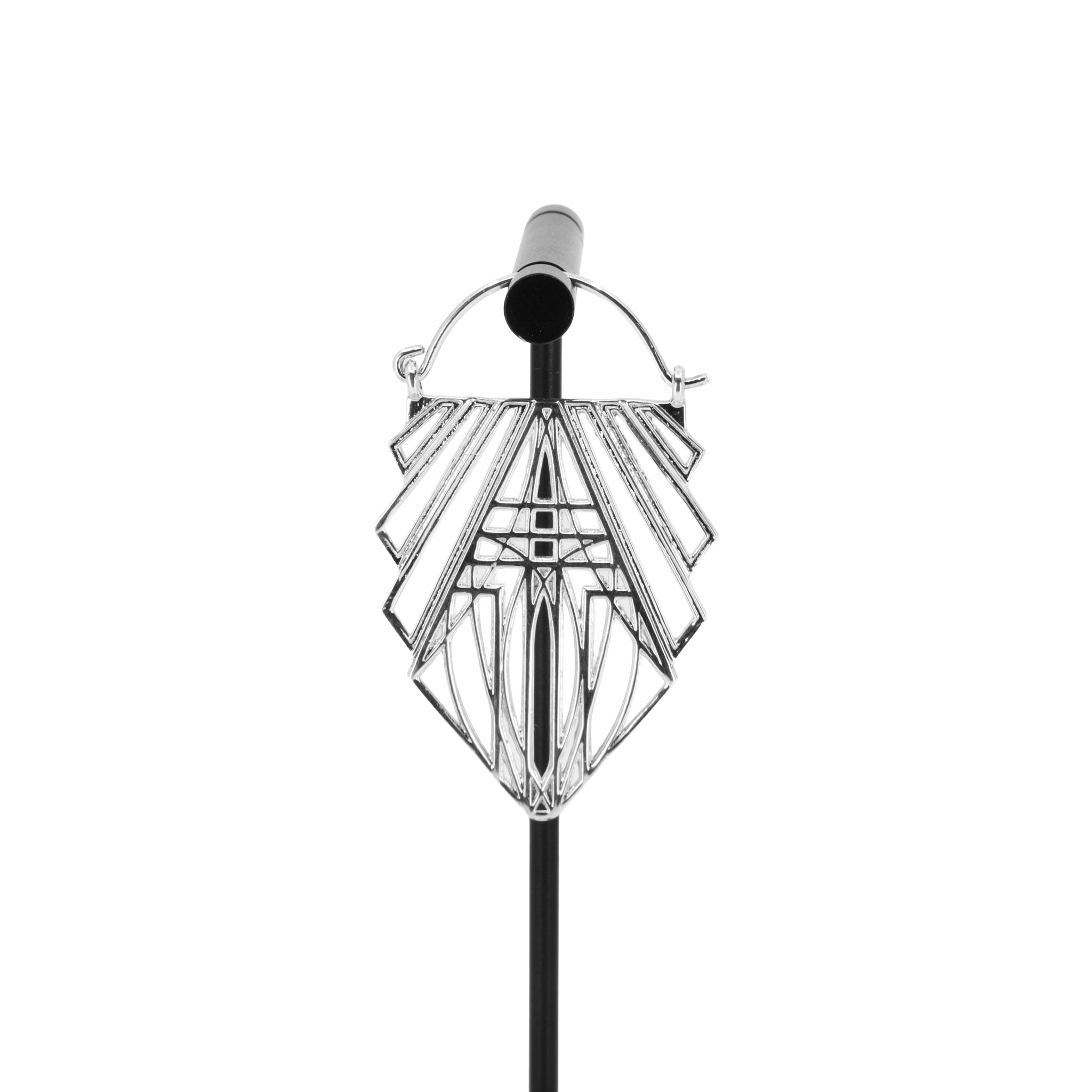 A single silver plated hoop earring in a geometric design created with straight lines and rectangles.