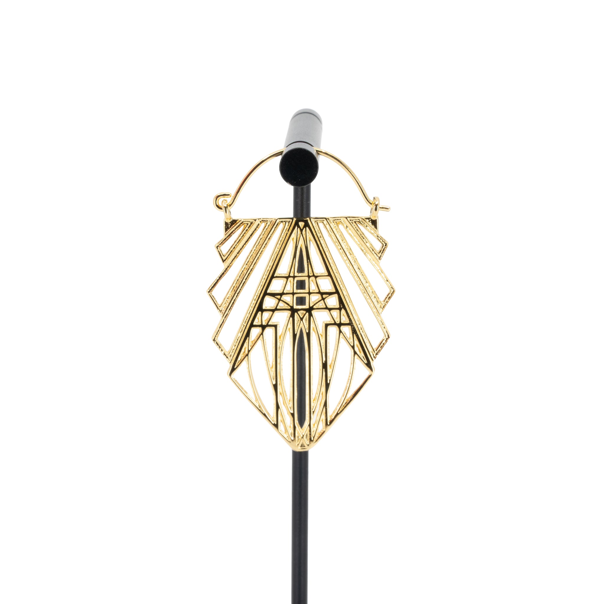 A single yellow gold plated hoop earring in a geometric design created with straight lines and rectangles.