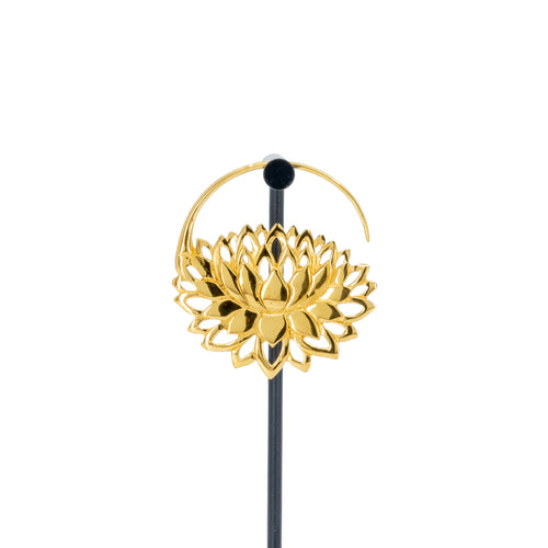 A single yellow gold plated hoop earrings with a lotus at the bottom.