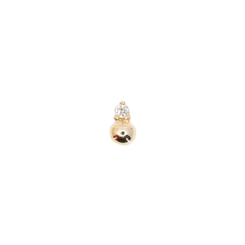 Yellow gold push pin earring with a prong set round white diamond stacked on top of a yellow gold bead.