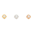 Three princess cut diamond stud push pin earrings in a square setting with offset prongs. One yellow gold, one white gold, and one rose gold.