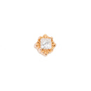 A princess cut diamond stud push pin rose gold earring in a square setting with offset prongs. 