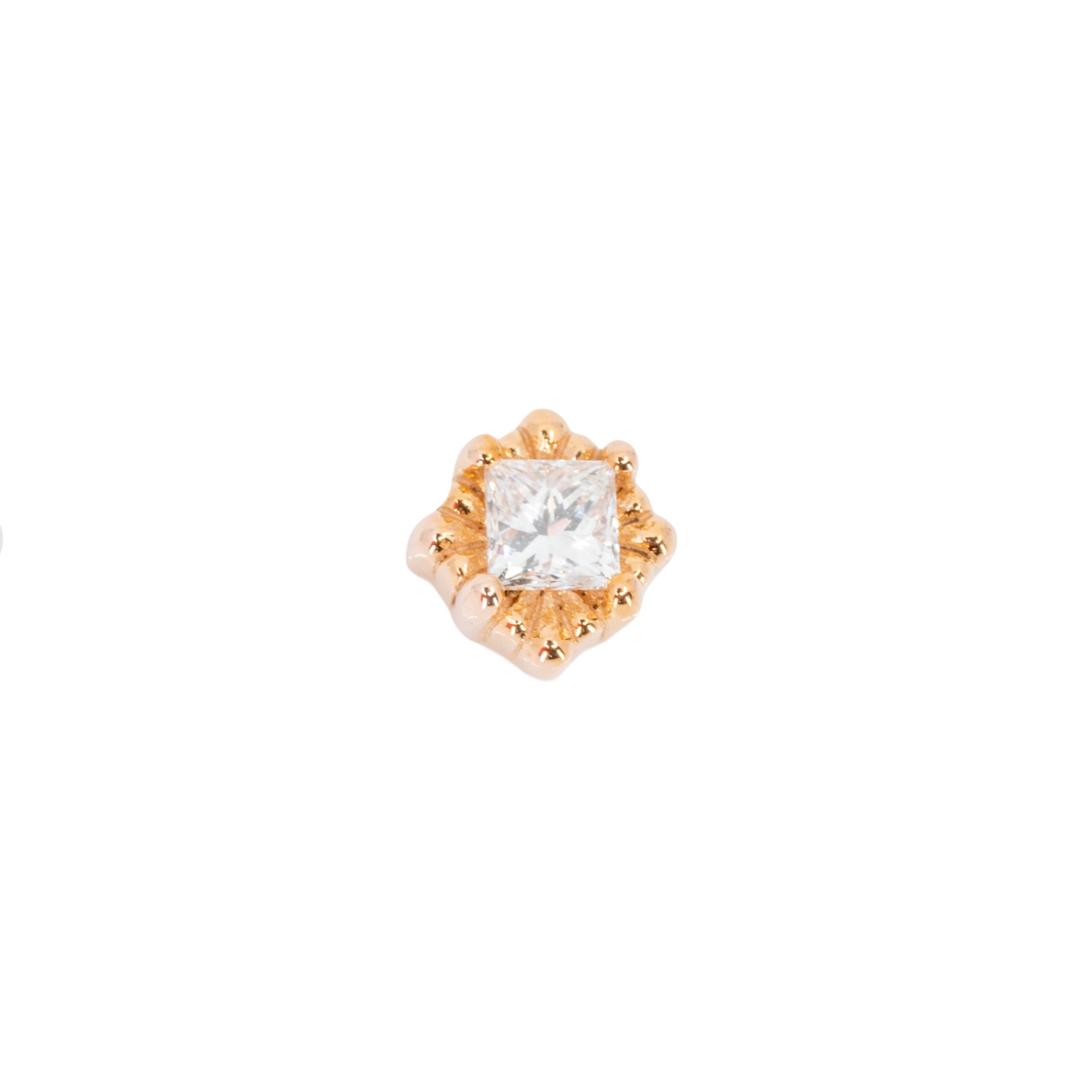 A princess cut diamond stud push pin rose gold earring in a square setting with offset prongs. 