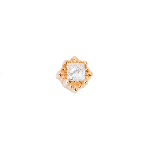 A princess cut diamond stud push pin rose gold earring in a square setting with offset prongs. 