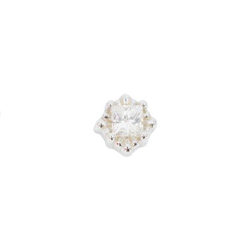 A princess cut diamond stud push pin white gold earring in a square setting with offset prongs. 
