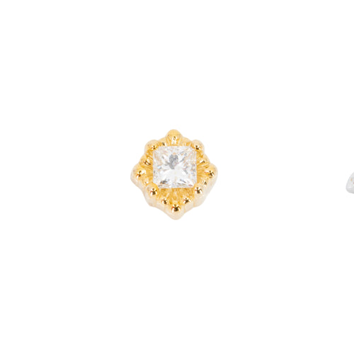 A princess cut diamond stud push pin yellow gold earring in a square setting with offset prongs. 